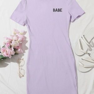 Letter Embroidery Rib-knit Dress
